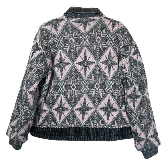IZZI VTG Pink Black Vintage Knit Patterned Reversible Denim Jean Jacket 80s sz L - Picture 3 of 6